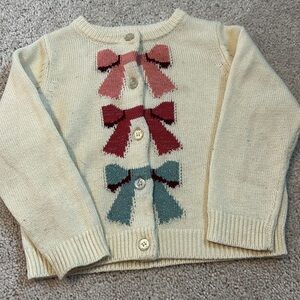 Pink Chicken Cream Cardigan with Pink, Burgundy & Teal Bow Motifs 2Y GUC